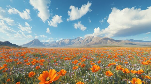 Vibrant field of orange flowers with mountain range under blue sky