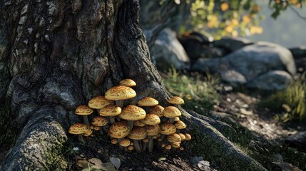 Cluster of yellow mushrooms growing at the base of a tree in a forest setting