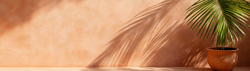Earthy terracotta wall with dramatic palm shadows and potted plant