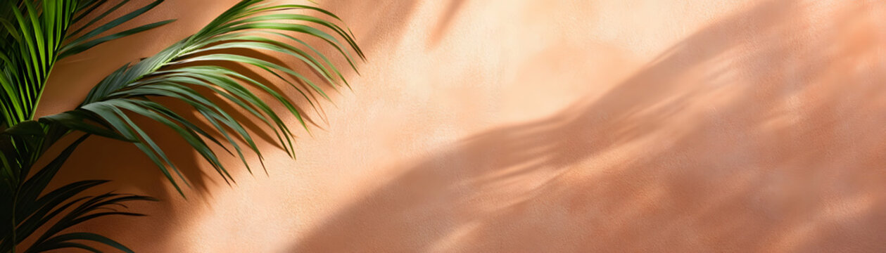 Earthy terracotta wall with dramatic palm shadows creating serene atmosphere