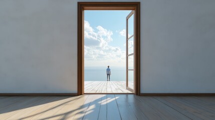 Fototapeta premium Young male standing on balcony overlooking sunny ocean view through open door