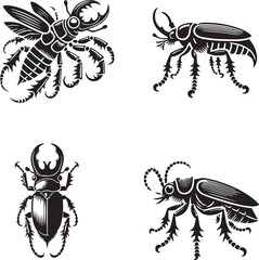 High-Quality Monochrome Vector Silhouettes of the Robber Beetle Isolated on a White Background