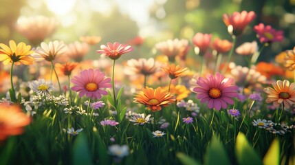 Vibrant wildflower field with colorful daisies in sunlit summer meadow