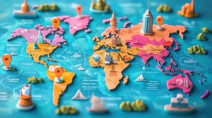 Colorful 3d world map with landmarks and location pins on blue background
