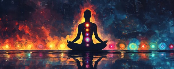 Vibrant silhouette meditation with energy chakras aligned in colorful aura