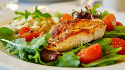 A beautifully plated gluten-free meal, featuring a mix of proteins and vegetables, emphasizing dietary restrictions and healthy alternatives