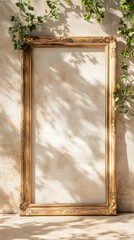 Ornate golden frame illuminated by dappled light and greenery