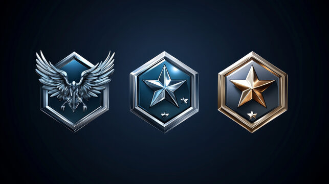 Set of game rank icons isolated on dark blue background. Collection of hexagonal silver, platinum or steel medals decorated with shiny metal stars and wings. Level trophy badges. illustration