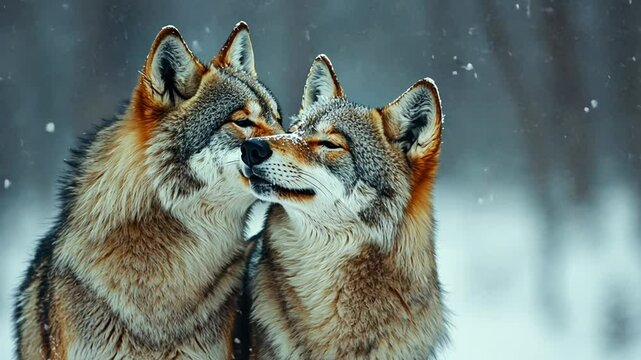 Two wolves in a snowy forest, showing affection for each other.