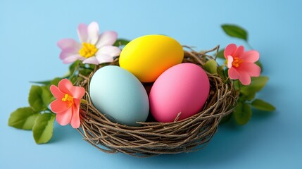  Colored Easter Eggs in a Nest with Spring Flowers on Blue Background. Happy Easter Concept Design for Spring Greeting Card, Poster, and Ads