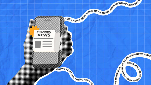 halftone collage trend, Breaking news alert concept with a smartphone in hand on a blue grid background. white space, media, journalism, or news apps. modern design