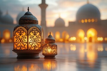 Graceful Ramadan Kareem Design Featuring Lanterns and Crescent Moon Motifs theme