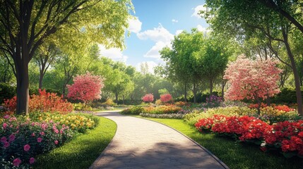 Fototapeta premium Serene garden path lined with colorful flowers under a clear blue sky
