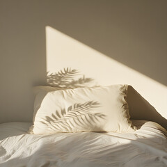Soft pillow with fern shadows on light bed, creating serene atmosphere