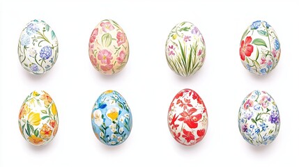  Colorful Easter Painted Eggs with Natural Floral Patterns on White Background. Happy Easter Pattern Concept for Spring Banner, Card, Poster, and Ads Design.