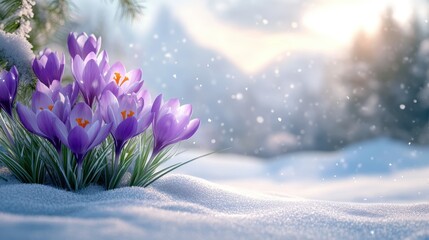 Purple crocuses blooming in snowy winter landscape at sunset