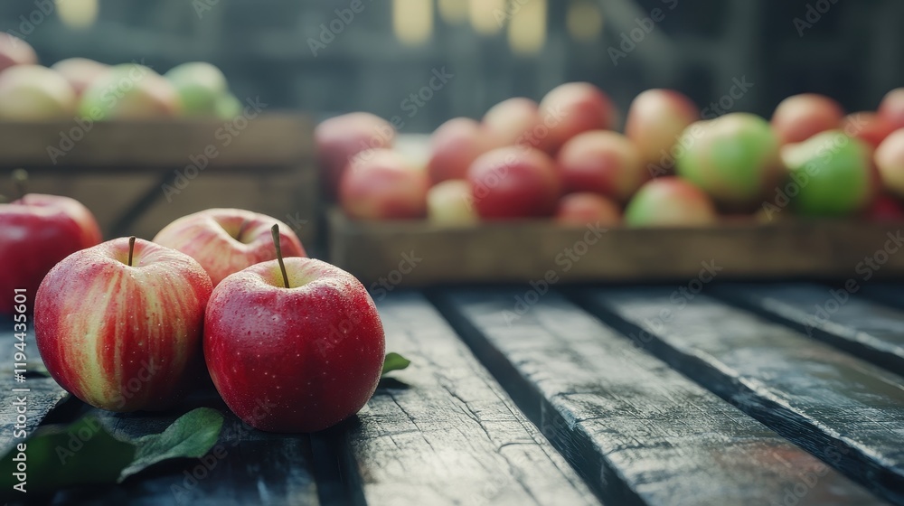 Poster fresh red apples on rustic wooden table with crates in background