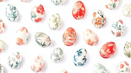  Colorful Easter Painted Eggs with Natural Floral Patterns on White Background. Happy Easter Pattern Concept for Spring Banner, Card, Poster, and Ads Design.
