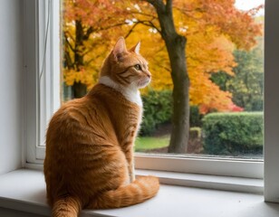 Ginger Cat Gazing Out Autumn Window: Cozy Fall Scene