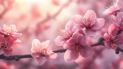 Naklejka premium Blossoming pink cherry blossoms in soft sunlight