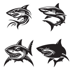 High-Quality Monochrome Vector Silhouettes of a Shark Isolated on a White Background
