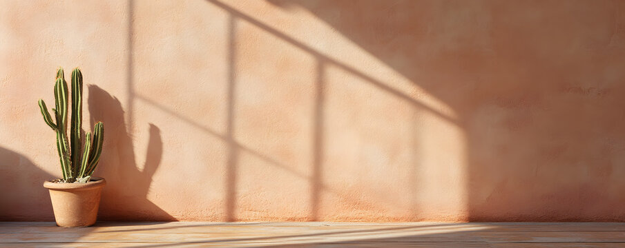 warm toned adobe wall casts shadows beside potted cactus plant