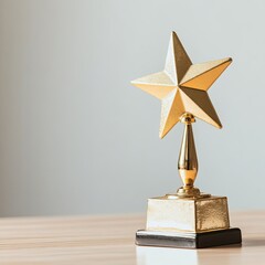 A small gold star trophy isolated on wooden table and white background with copy space. Golden trophy on desk, minimal. Success award, reward of effort and winner prize concept.
