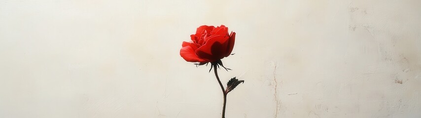 A vibrant red rose against a simple backdrop.