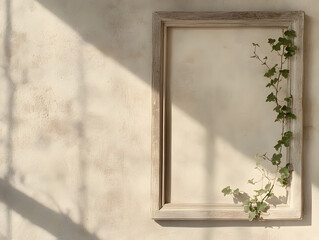 whitewashed wooden frame casts shadows on textured wall, adorned with climbing ivy