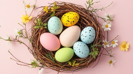 Obraz premium Flat lay border featuring colored Easter eggs in a wicker nest with spring flowers on a pink background