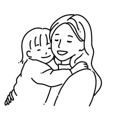 目を閉じる母娘＿線画