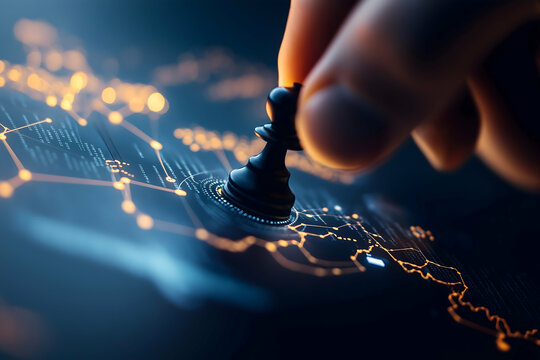 A hand moves a chess piece over a digital map, symbolizing strategy and decision-making in a technological landscape.