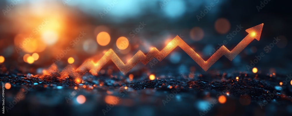 Poster glowing orange arrow rising in a futuristic setting with bokeh background
