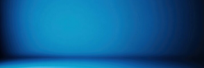 Panoramic abstract blue wall background for product presentation with sunlight and blurred shadows wall. Podium studio background