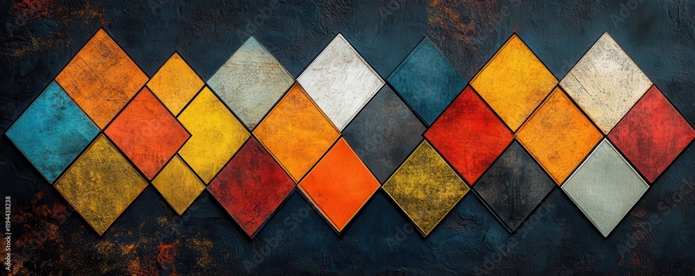 Poster colorful abstract geometric pattern with textured diamond shapes on dark background