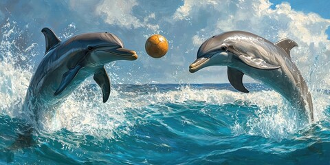 Fototapeta premium Dolphins_engaging_in_playful_antics_with_a_ball_create_a_delightful_scene_The_dolphins_joyfully_interact_with_the_ball_showcasing_their_playful_nature_in_this_captivating_moment