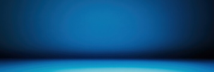 Panoramic abstract blue wall background for product presentation with sunlight and blurred shadows wall. Podium studio background