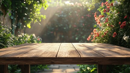 Naklejka premium Sunlit wooden table in a vibrant flower garden
