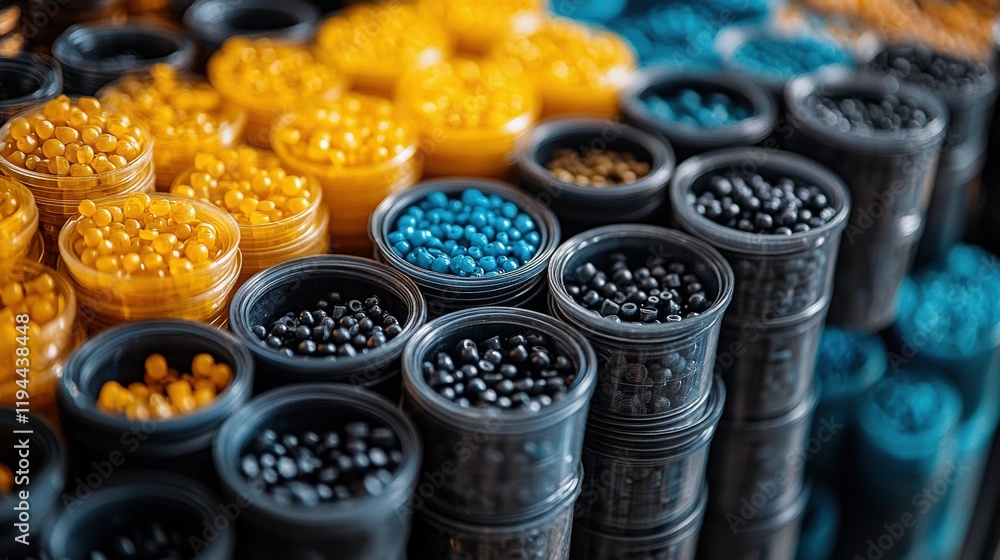 Poster vibrant close-up of colorful crafting beads in various containers arranged neatly on display in craf