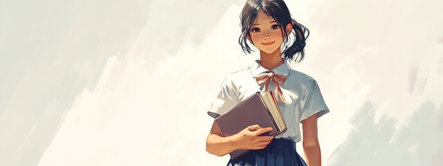 Obraz premium A female student stands holding a book while looking at the camera