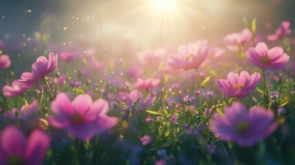 Sunlit wildflower meadow with vibrant pink cosmos blossoms