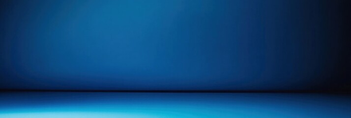 Panoramic abstract blue wall background for product presentation with sunlight and blurred shadows wall. Podium studio background