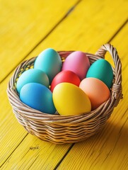 Naklejka premium easter, holidays, tradition and object concept - close up of colored eggs in basket over yellow wooden boards background