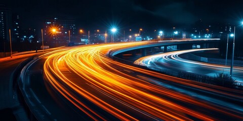 Fototapeta premium Nighttime scene featuring orange car lights captured with a long exposure technique, showcasing vibrant orange light trails from moving vehicles in the dark.