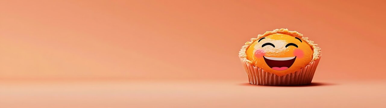 April fools day concept, Happy cartoon cupcake with smiley face on pastel orange background, playful dessert concept