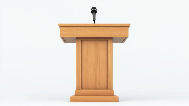 Wooden podium tribunes set isolated on white background. Vector realistic illustration of rostrum for debate, lecture, press conference, seminar speaker, presentation stage furniture with microphones