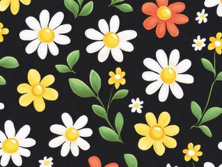 Delightful Daisy Floral Pattern Black Background Vibrant Colors Summer Style Textile Design