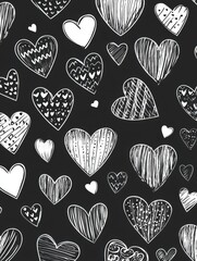 Hand drawn hearts and love signs romantic seamless pattern. Isolated drawn monochrome repeating patterns on a dark background. Cute doodle heart style seamless pattern on dark background