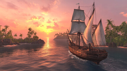 Obraz premium Wooden ship with white sails floating under pink sky at sunrise seascape view with tropical island and palm trees. Ancient frigate at morning sea, scenery nature landscape, Cartoon vector illustration