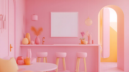 Vibrant pink kitchen with modern accents and cozy lighting.